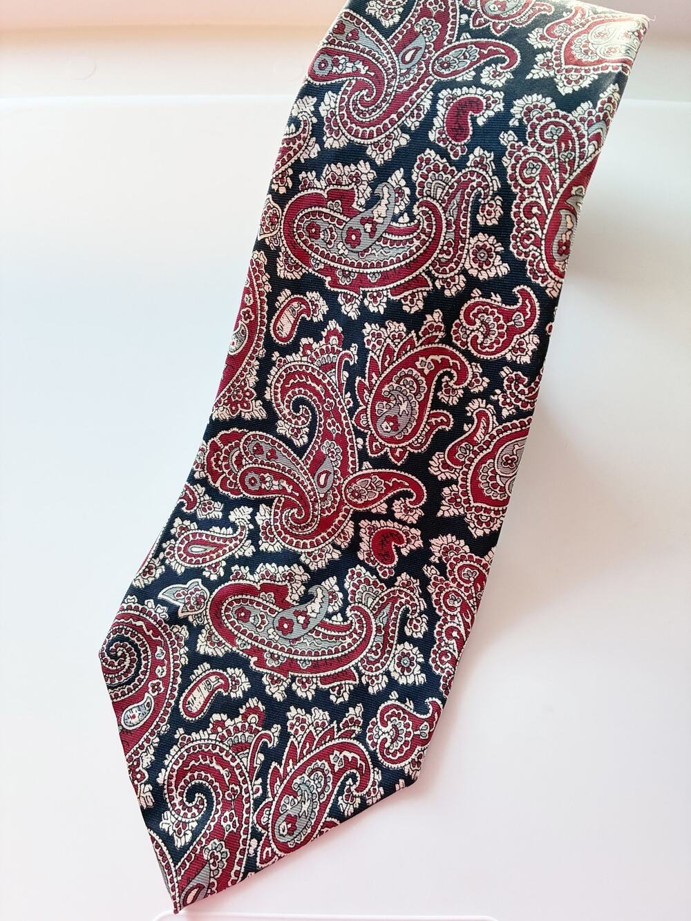 Christian Dior Cravates Mens Silk Necktie Paisley Brocade Burgundy Navy